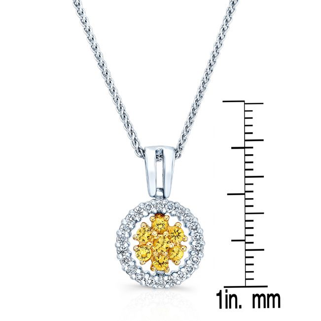 Yellow Sapphire Cluster Pendant With Diamond Halo Border In 18k Yellow And White Gold (17-in Spiga Chain) – side profile | RockHer