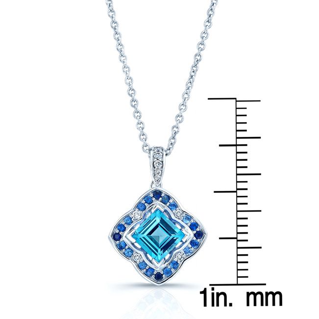 Swiss Blue Topaz, Sapphire And Diamond Pendant In 14k White Gold