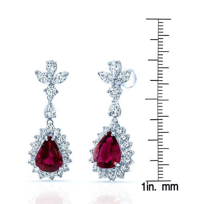 Rubellite And Diamond Teardrop Dangle Earrings in 14K White Gold – scale reference | RockHer