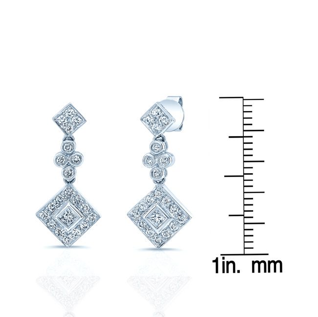 Diamond Princess/round Dangle Earrings 14K White Gold – scale reference | RockHer