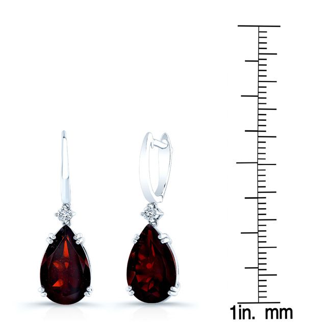Garnet Pear And Diamond Earrings in 14K White Gold – scale reference | RockHer