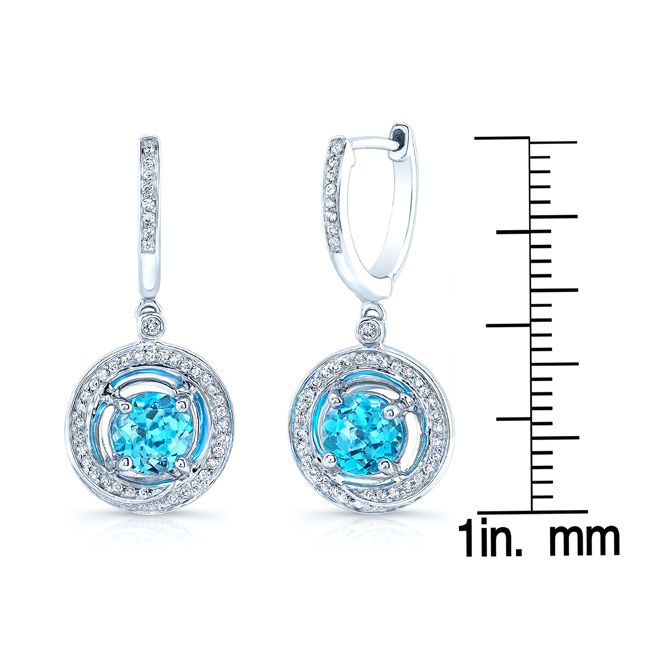 Blue Topaz And Diamond Swirl Dangling Earrings in 14K White Gold – scale reference | RockHer