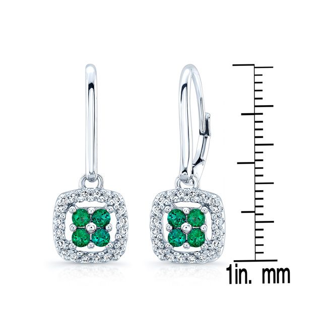 Created Emerald And Diamond Dangle Clover Leverback Earrings in 14K White Gold – scale reference | RockHer