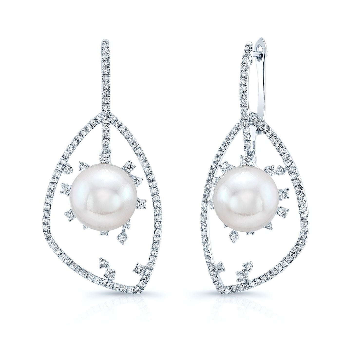 Pearl And Diamond Starburst With Geometric Frame Earrings in 14K White Gold | RockHer