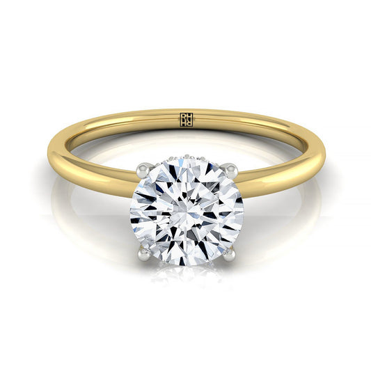 14ky Round Solitaire Engagement Ring With Upper Hidden Halo With 16 Prong Set Round Diamonds