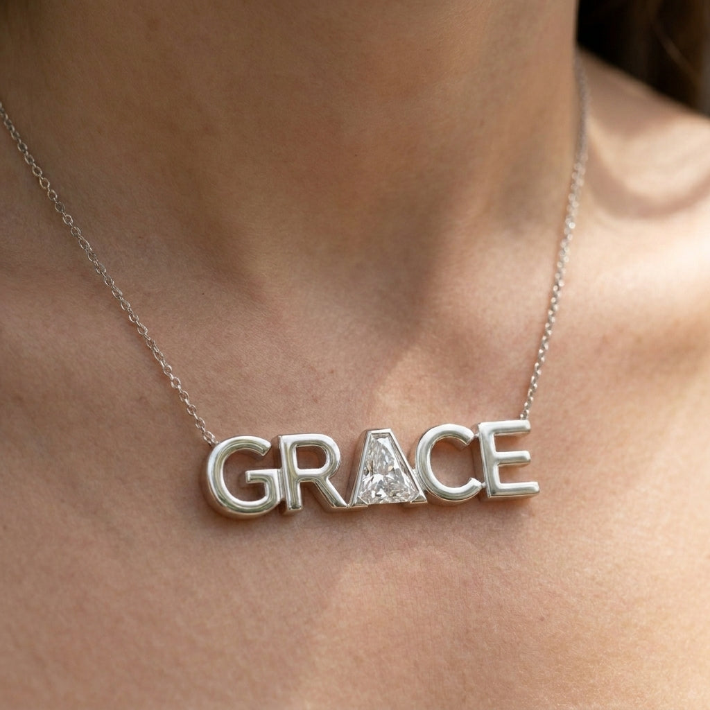 GRACE lab-grown diamond necklace in Platinum, worn on neck