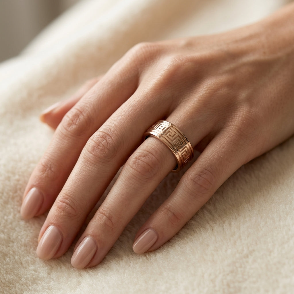 Greek Key Engraved Gold Cover for Oura Ring, in 14K Rose Gold – lifestyle shot | RockHer