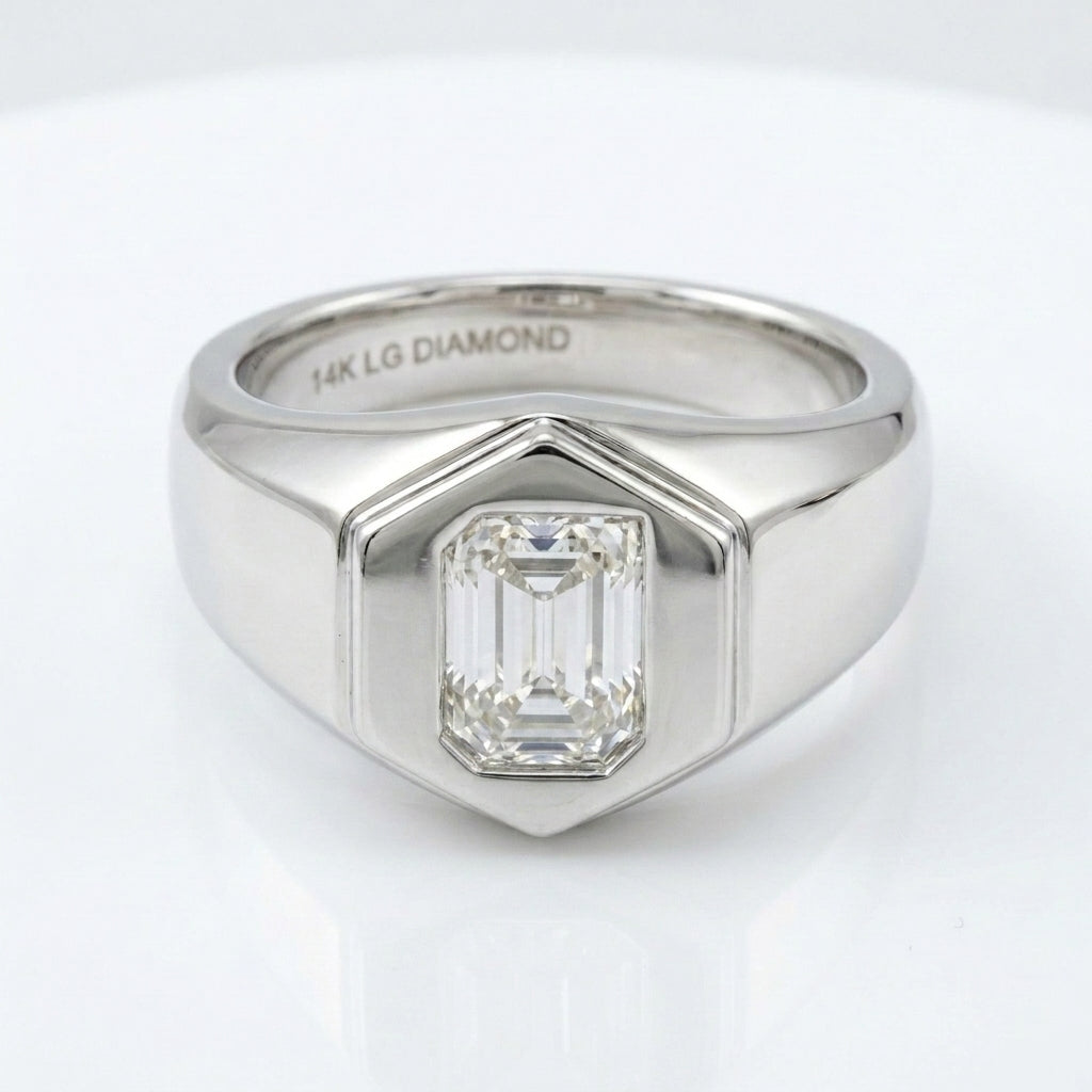 Women's Hexagon lab-grown diamond letter signet ring in 14K White Gold, letter J, product photography