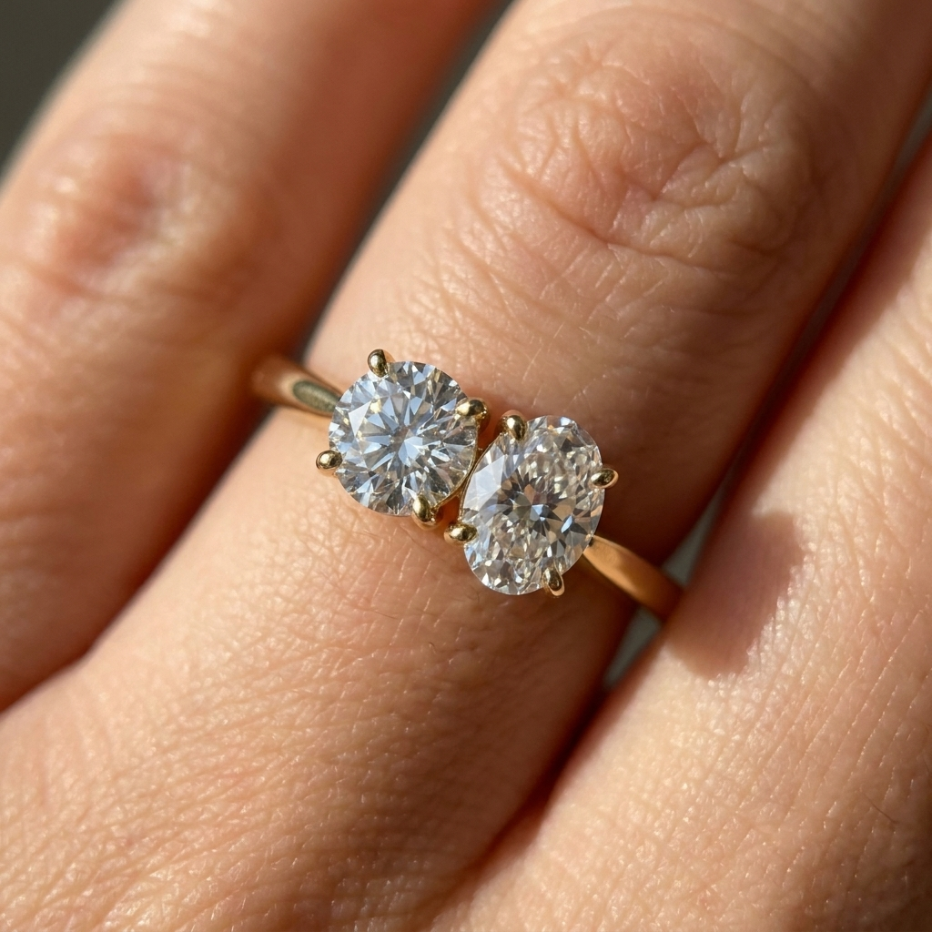 14K Yellow Gold Jackie Select Toi et Moi Round & Oval Knife Edge Band Lab Diamond Engagement Ring - Macro close-up on finger