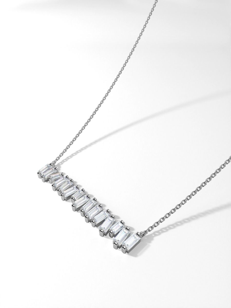 ROCKHER.925 Sterling Silver White Cubic Zirconia Baguette East West Line Pendant Necklace - 18" – side profile | RockHer
