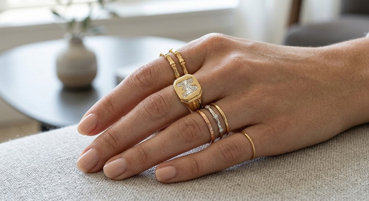 Diamond Letter Signet Ring - 14K Rose Gold – lifestyle shot | RockHer