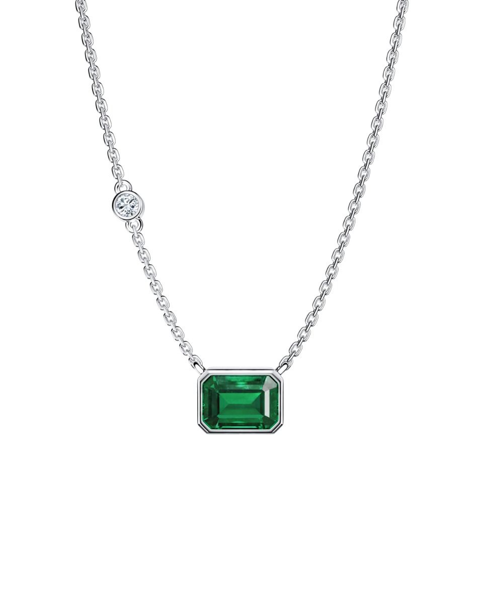 ROCKHER.925 Sterling Silver Emerald Cut Created Green Emerald and Round Cut White Cubic Zirconia Bezel Set Pendant Necklace on 18" Chain – side profile | RockHer