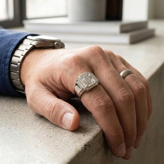 Men's Art Deco lab-grown diamond letter signet ring in Platinum, letter S, worn on hand