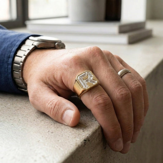 Men's Diamond Frame lab-grown diamond letter signet ring in 14K Yellow Gold, letter R, worn on hand