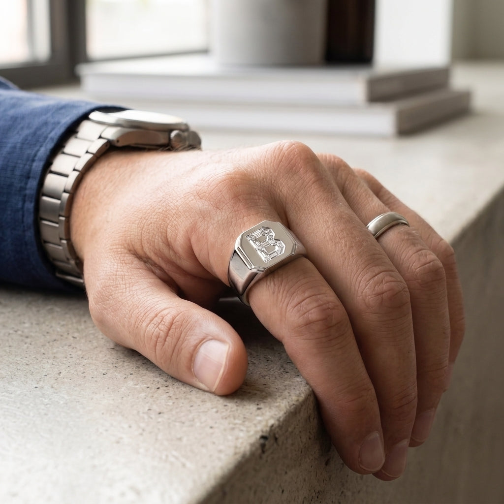 Men's Hexagon lab-grown diamond letter signet ring in 14K White Gold, worn on hand