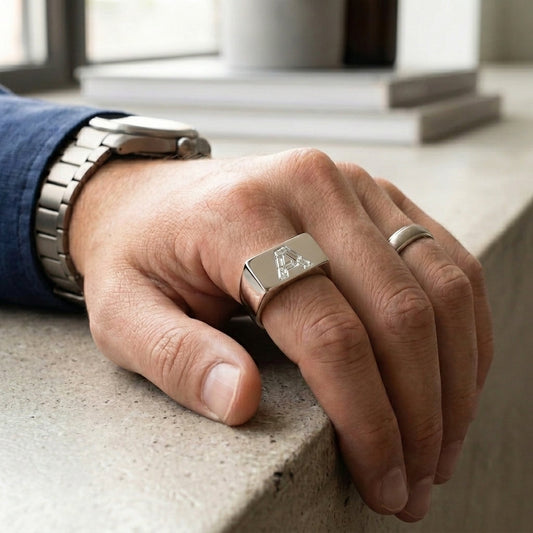 Men's Minimalist Bar lab-grown diamond letter signet ring in 14K White Gold, letter A, worn on hand