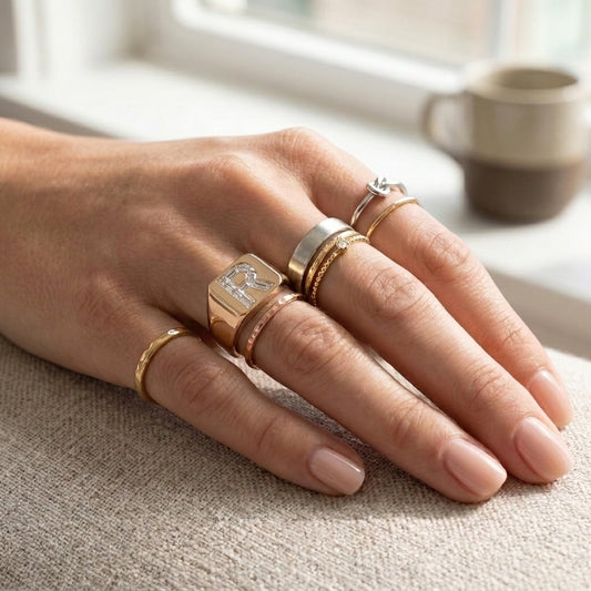 Women's Minimalist Bar lab-grown diamond letter signet ring in 14K Rose Gold, letter R, worn on hand