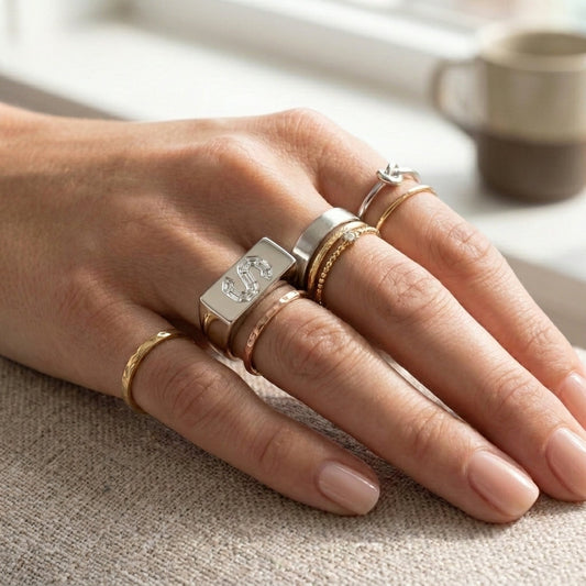 Women's Minimalist Bar lab-grown diamond letter signet ring in Platinum, letter S, worn on hand