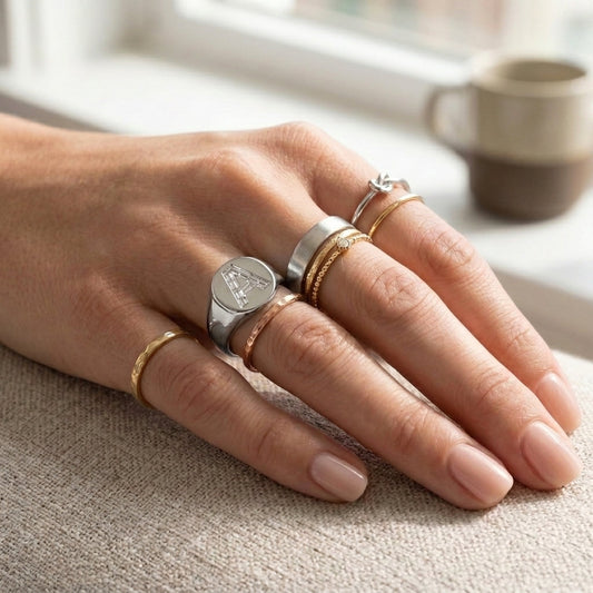 Women's Oval lab-grown diamond letter signet ring in Platinum, letter A, worn on hand