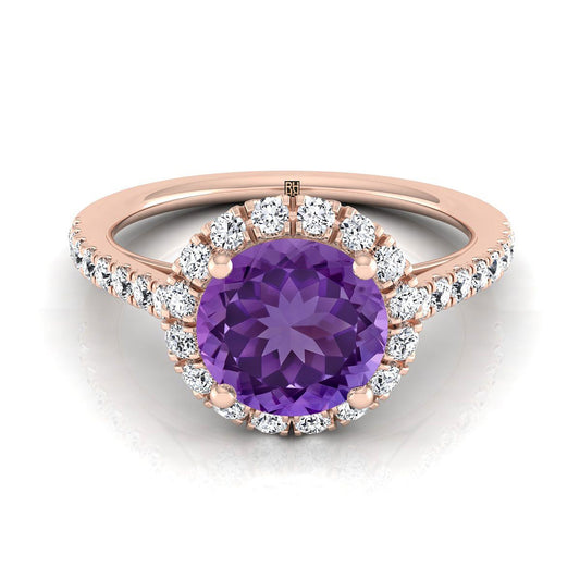 14K Rose Gold Round Brilliant Amethyst Petite Halo French Diamond Pave Engagement Ring -3/8ctw
