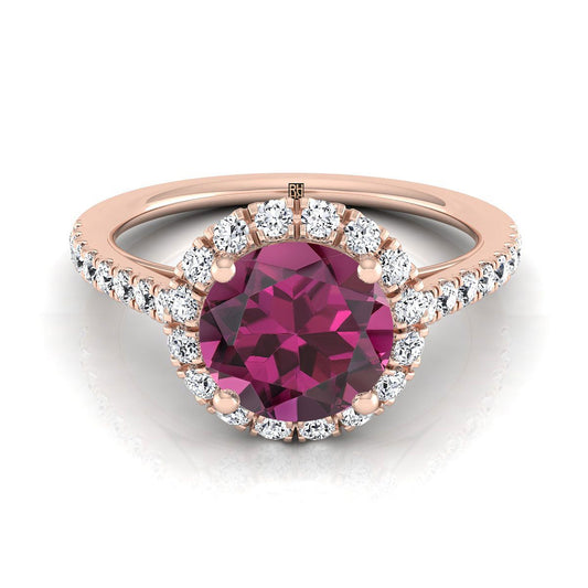 14K Rose Gold Round Brilliant Garnet Petite Halo French Diamond Pave Engagement Ring -3/8ctw