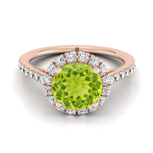 14K Rose Gold Round Brilliant Peridot Petite Halo French Diamond Pave Engagement Ring -3/8ctw