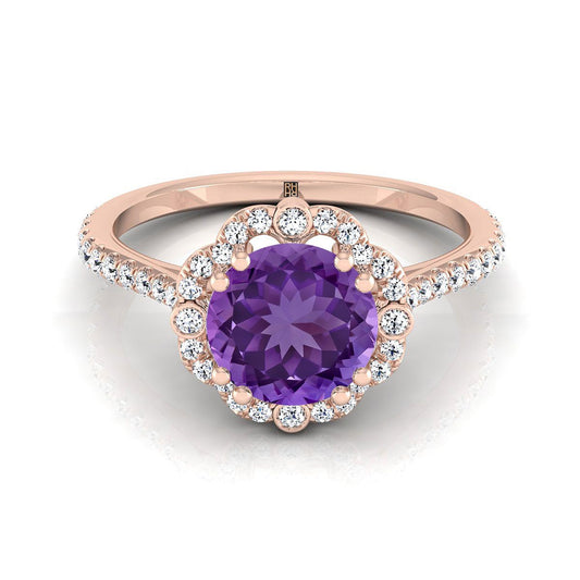 14K Rose Gold Round Brilliant Amethyst Ornate Diamond Halo Vintage Inspired Engagement Ring -1/4ctw
