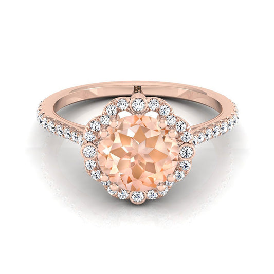 14K Rose Gold Round Brilliant Morganite Ornate Diamond Halo Vintage Inspired Engagement Ring -1/4ctw
