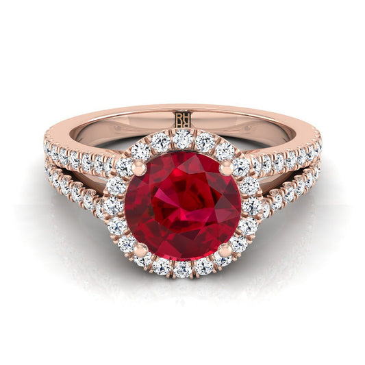 14K Rose Gold Round Brilliant Ruby Halo Center with French Pave Split Shank Engagement Ring -3/8ctw