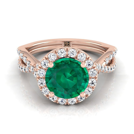 14K Rose Gold Round Brilliant Emerald Twisted Scalloped Pavé Diamonds Halo Engagement Ring -1/2ctw