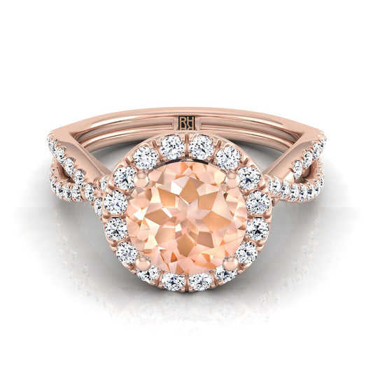14K Rose Gold Round Brilliant Morganite Twisted Scalloped Pavé Diamonds Halo Engagement Ring -1/2ctw