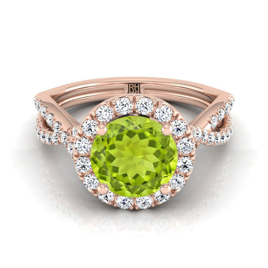 14K Rose Gold Round Brilliant Peridot Twisted Scalloped Pavé Diamonds Halo Engagement Ring -1/2ctw