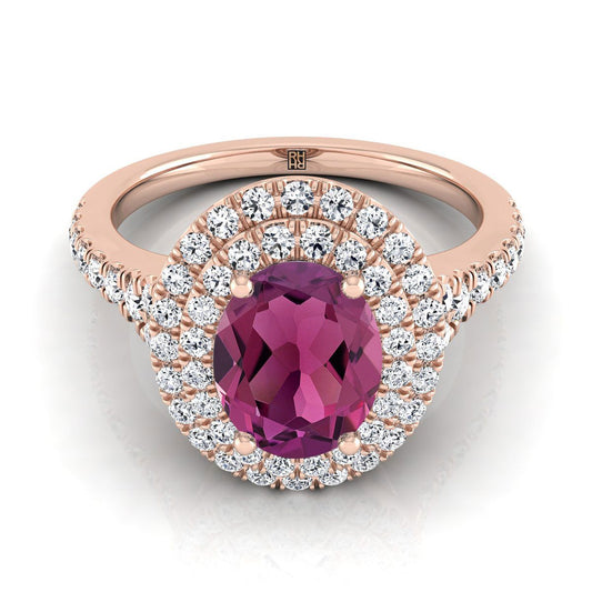 แหวนหมั้นทองคำชมพู 14K รูปไข่ประดับการ์เนต พร้อมวงแหวนคู่แบบฮาโลและเพชรปาเว่ขอบหยัก - 1/2ctw