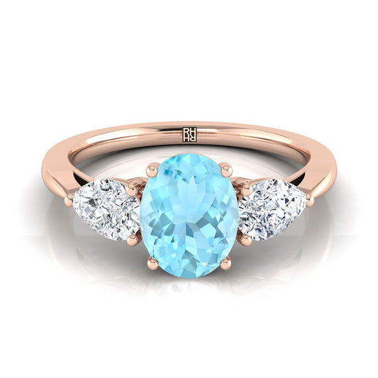 14K Rose Gold Oval Aquamarine Perfectly Matched Pear Shaped Three Diamond Engagement Ring -7/8ctw