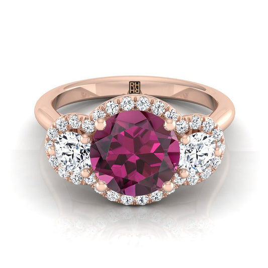 14K Rose Gold Round Brilliant Garnet French Pave Diamond Three Stone Engagement Ring -1/2ctw