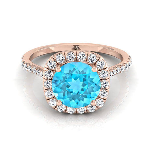 14K Rose Gold Round Brilliant Swiss Blue Topaz Shared Prong Diamond Halo Engagement Ring -3/8ctw