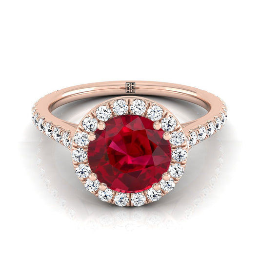 14K Rose Gold Round Brilliant Ruby Horizontal Fancy East West Diamond Halo Engagement Ring -1/2ctw
