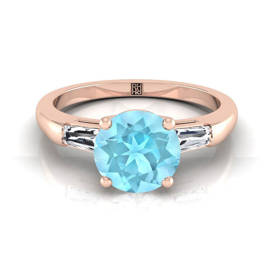 14K Rose Gold Round Brilliant Aquamarine Three Stone Tapered Baguette Engagement Ring -1/5ctw