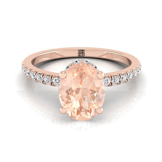 14K Rose Gold Oval Morganite Secret Diamond Halo French Pave Solitaire Engagement Ring -1/3ctw
