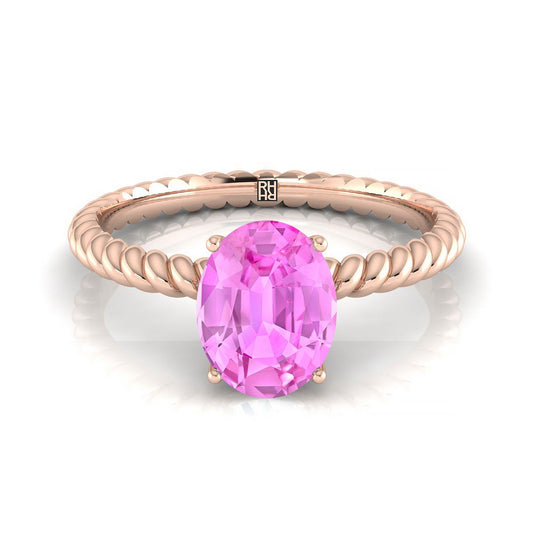 14K Rose Gold Oval Pink Sapphire Twisted Rope Solitaire With Surprize Diamond Engagement Ring