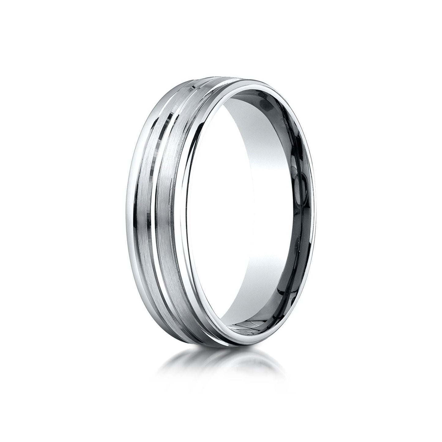 6mm Satin Finish High Polished Center Trim Carved Wedding Band, in 14K White Gold | RockHer