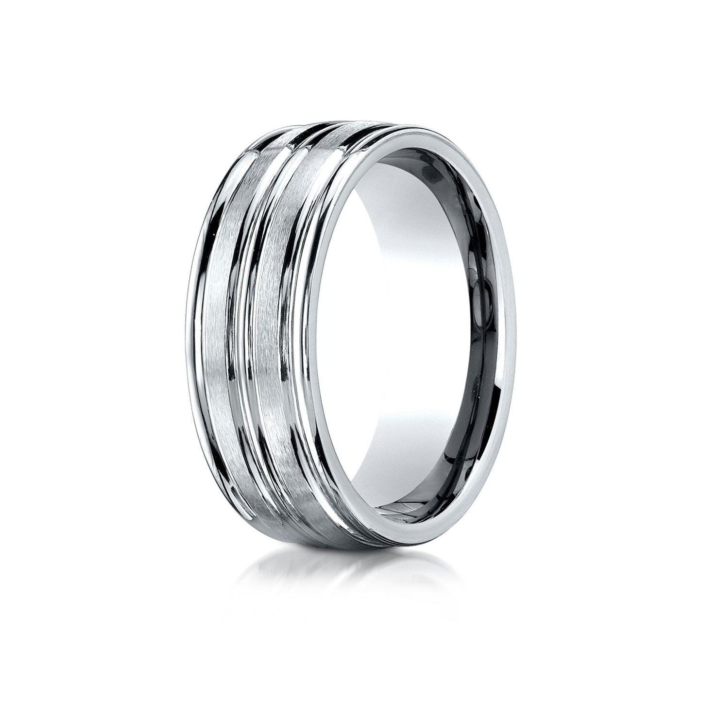 8mm Satin Finish High Polished Center Trim Carved Wedding Band, in 18K White Gold | RockHer