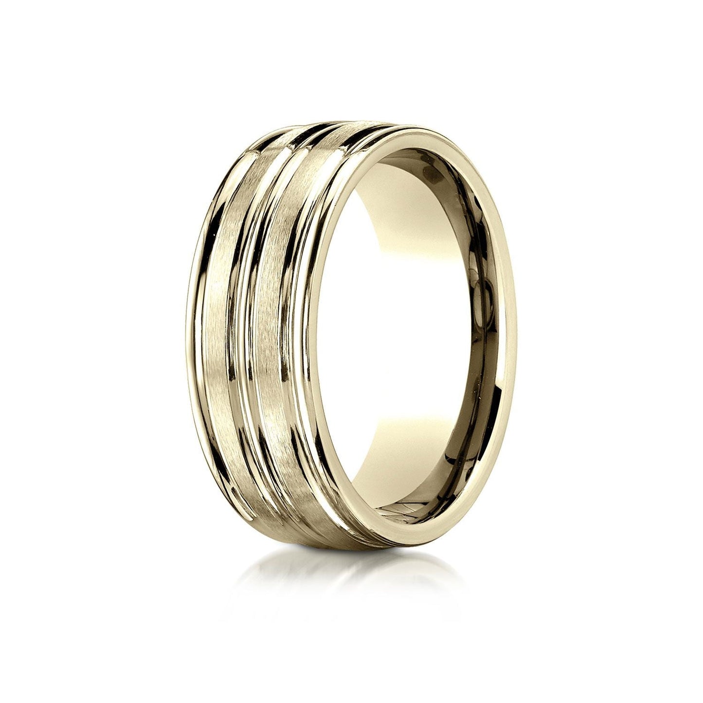 8mm Satin Finish High Polished Center Trim Carved Wedding Band, in 14K Yellow Gold | RockHer