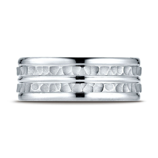 Platinum 8mm Comfort-fit Hammer-finished High Polished Center Trim And Round Edge Carved Design Band