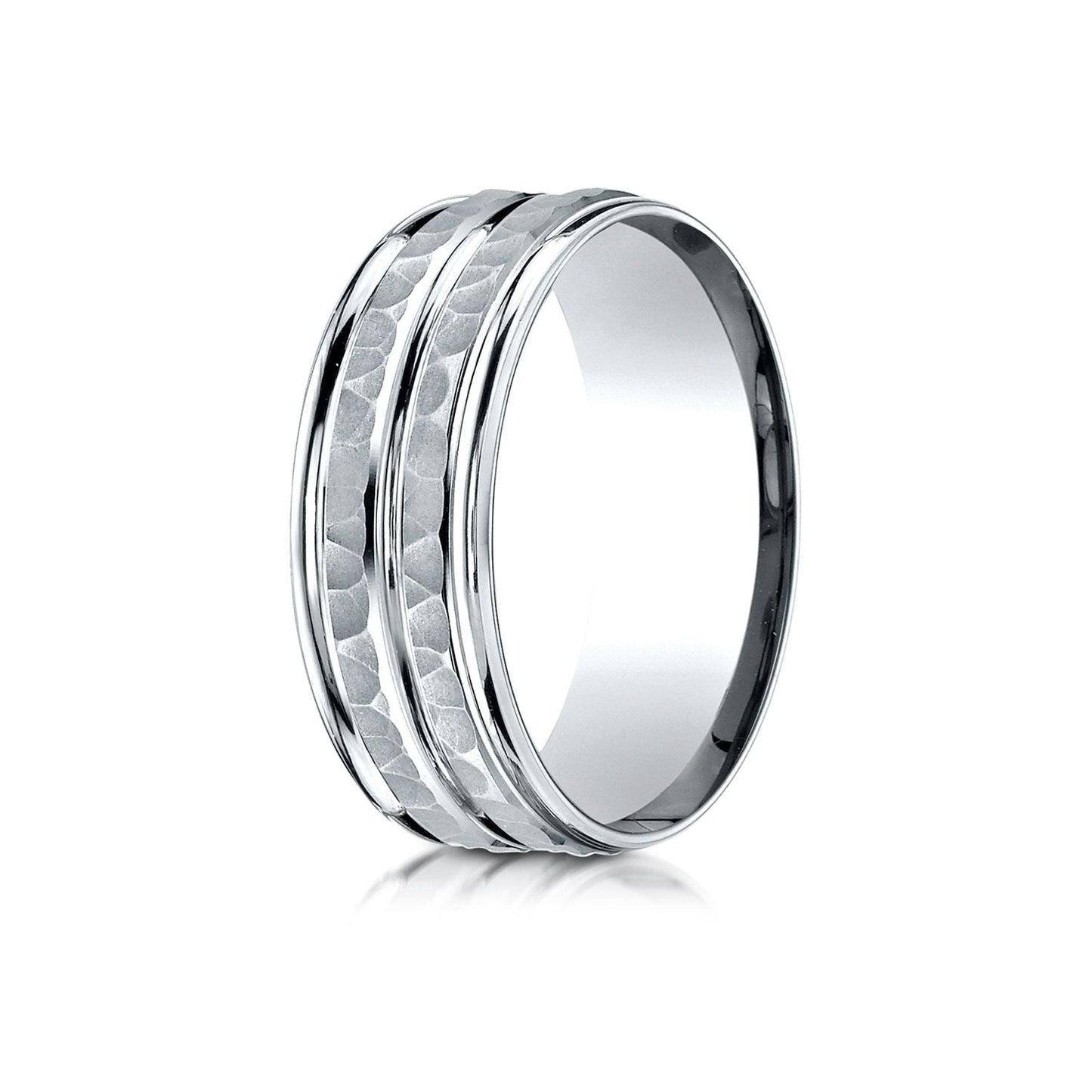 7.5mm High Polish Round Edge Carved Wedding Band, in 14K White Gold | RockHer
