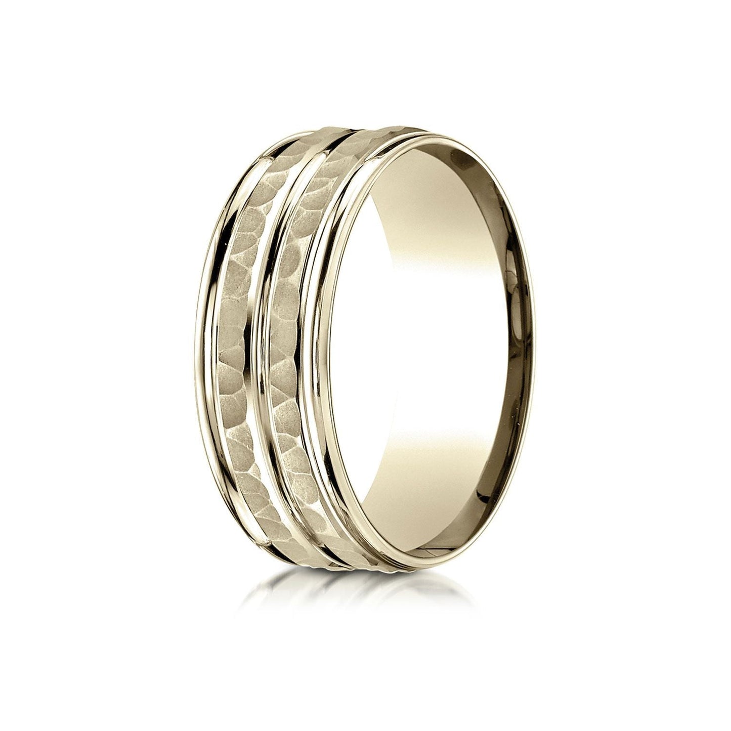 7.5mm High Polish Round Edge Carved Wedding Band, in 14K Yellow Gold | RockHer