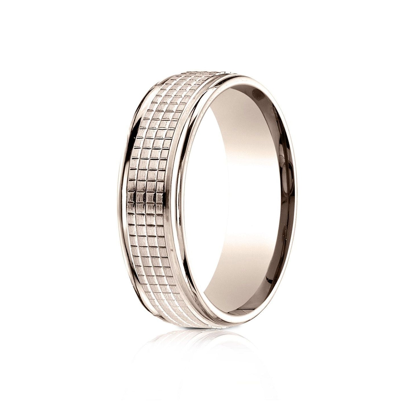 7mm High Polish Cross Hatch Center Carved Wedding Band, in 14K Rose Gold | RockHer