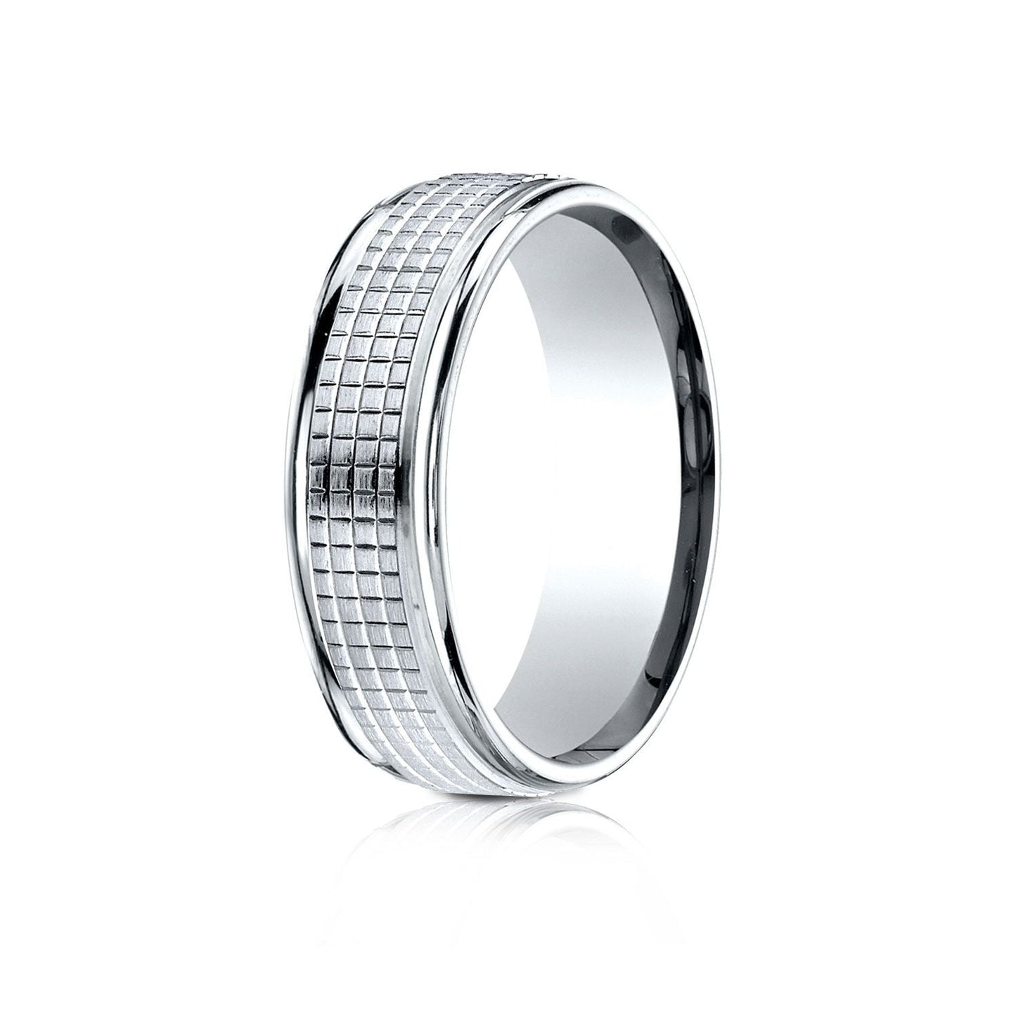 7mm High Polish Cross Hatch Center Carved Wedding Band, in 14K White Gold | RockHer