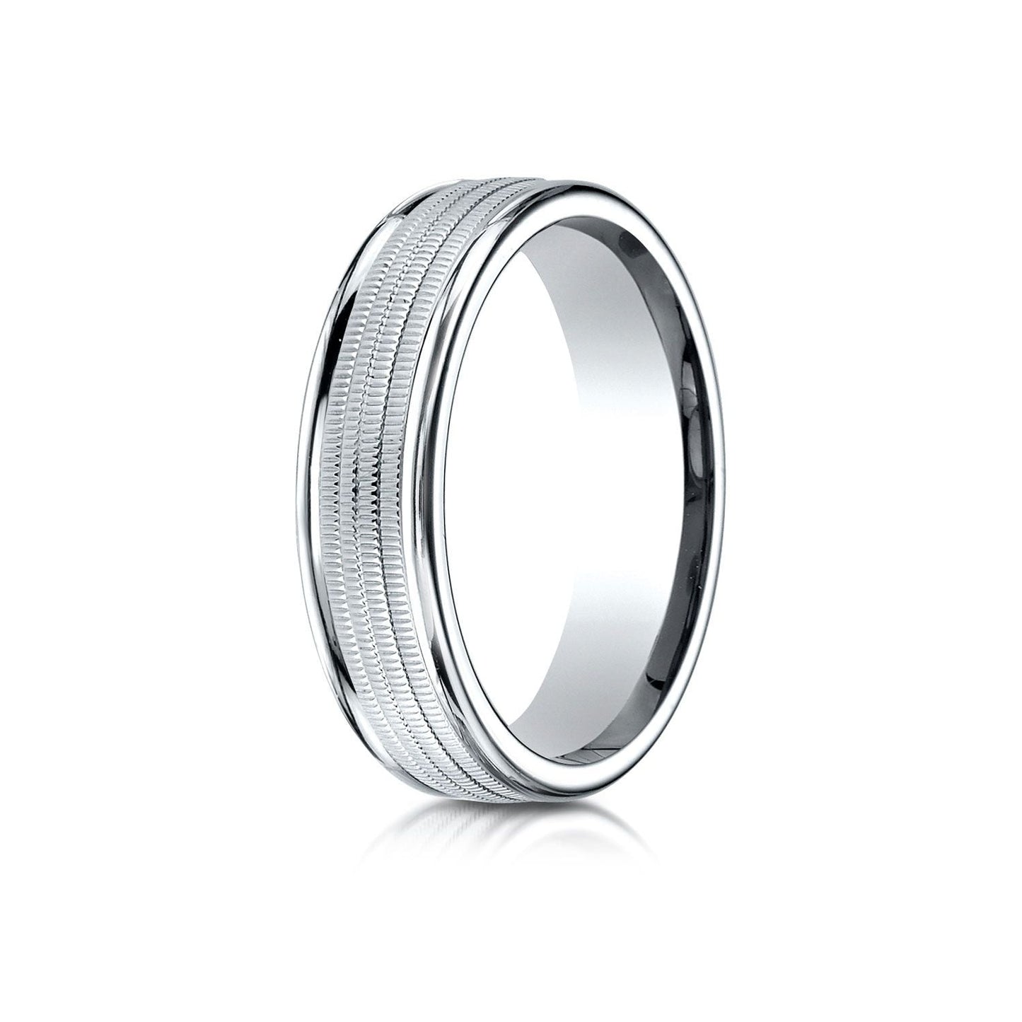 6mm High Polish Milgrain Round Edge Carved Wedding Band, in 18K White Gold | RockHer
