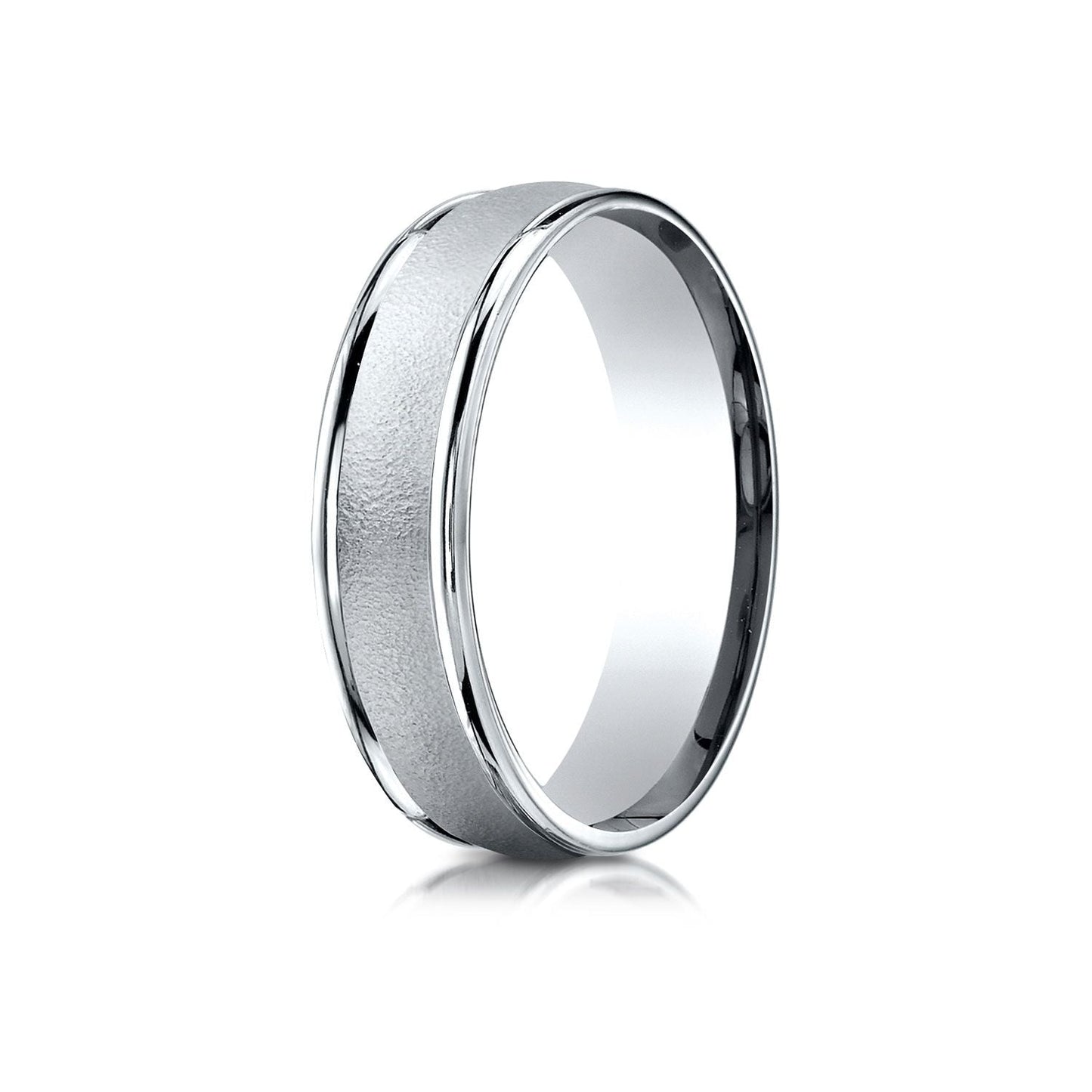 6mm Wired Finish High Polished Round Edge Carved Wedding Band, in 18K White Gold | RockHer